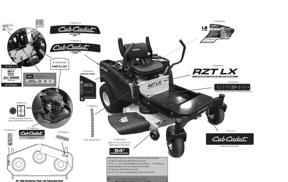 Label Map Diagram and Parts List for RZT-LX54KW (17AICAXA010)(2018) Cub Cadet Lawn Tractor
